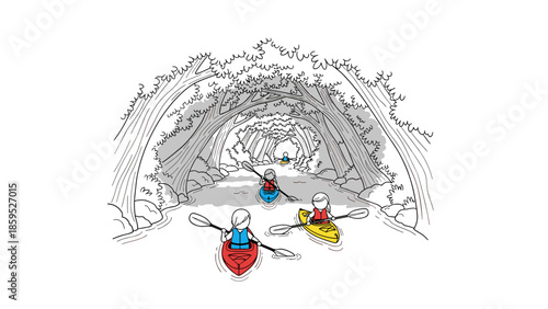 Scenic kayaking adventure through a tree-covered river tunnel in hand-drawn style