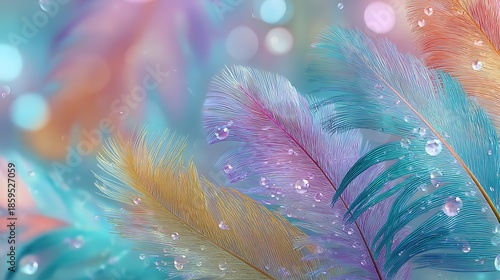 Wallpaper Mural Colorful feathers with water droplets on pastel background pastel colors soft Torontodigital.ca