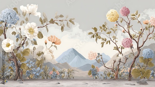 Wallpaper Mural Colorful flowers and trees in front of mountains and cloudy sky clouds hydrangeas Torontodigital.ca