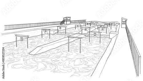 Linear drawing of canoe slalom course with detailed rapids and gates