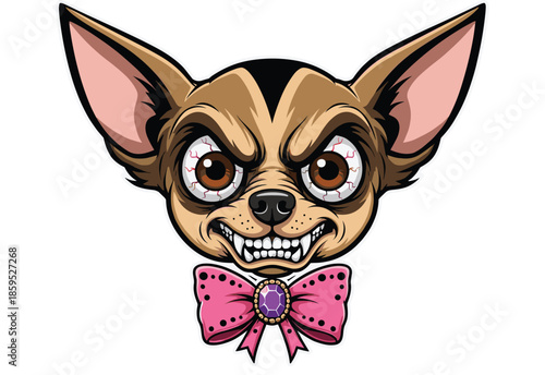 Angry Chihuahua Dog Mascot Head with Sharp Teeth and Pink Jeweled Bow Tie