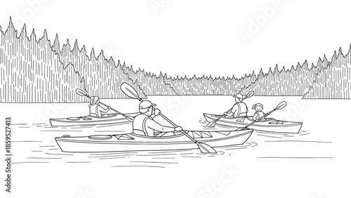 Family kayaking adventure on serene lake with pine forest backdrop in black and white line art