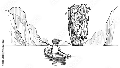 Kayaking adventure in scenic limestone cliffs ink drawing