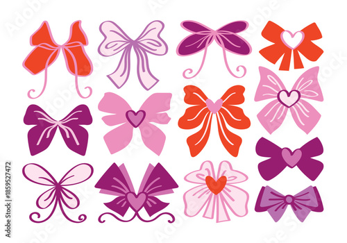 Vector set of cartoon ribbons, bows, accessories with hearts. Vintage girly pink, purple and red bows for hair decoration. Cute hand draw coquette stickers. Decors for Birthday and Valentines Day.