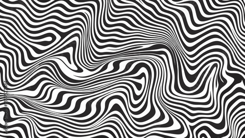 Optical illusion with flowing black and white wavy lines creating a dynamic pattern