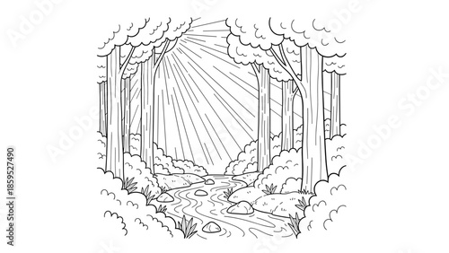 Peaceful forest stream in woodland with sunlight rays in linear style