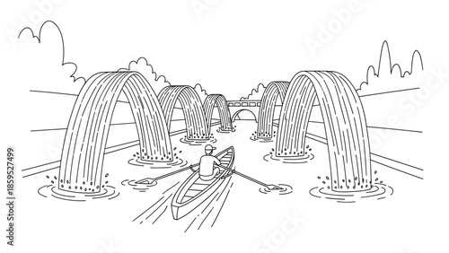 Canoeing through arched waterfalls in scenic urban park line art