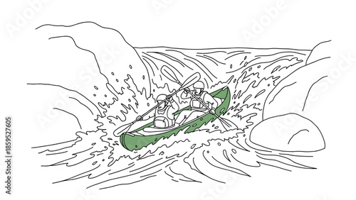 Adventure kayaking in rapids: line art of canoeists braving rugged waters