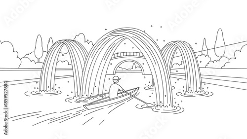 Peaceful canoeing under arched bridges with cascading water in a tranquil lake setting