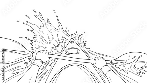 Dynamic adventure line art of kayaking with splashing water in motion