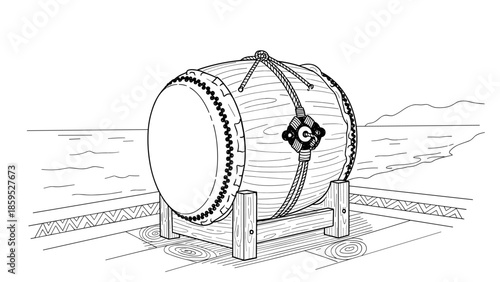 Traditional japanese drum on a coastal deck in detailed line art