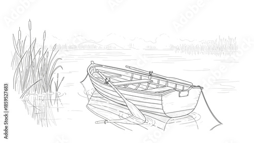 Tranquil river scene with canoe in nature, linear drawing in monochrome style