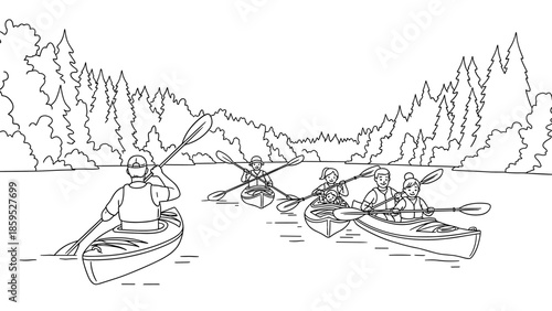 Family kayaking adventure: group paddling down a scenic forest river in line art