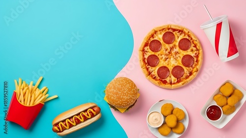Different fast food on turquoise pink  background, flat lay. Copy space, Top view 