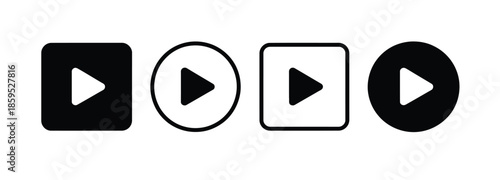 Play button icon set, video audio web media start, player symbol on white background, illustrating media controls, playback icons, digital interface symbols and clean vector graphics 