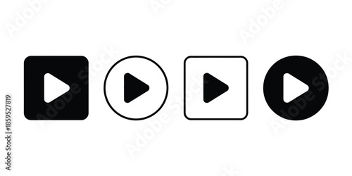 Play button icon set, video audio web media start, player symbol on white background, showing media playback controls,