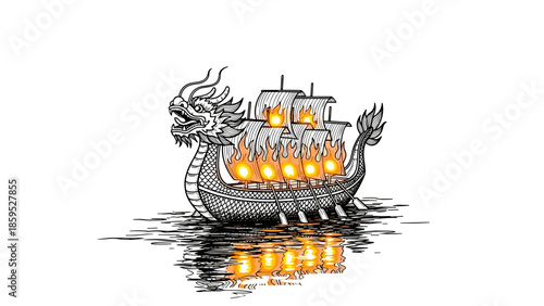 Dragon ship with fiery sails reflecting on water in intricate line art
