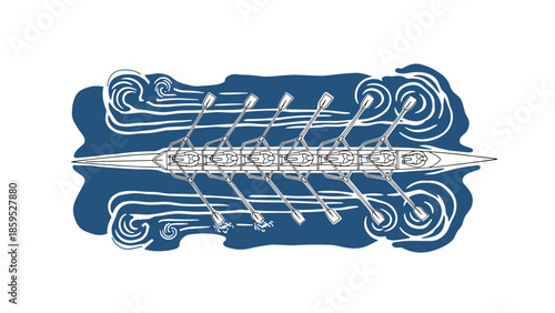 Abstract nautical canoe design with rowers in motion against waves
