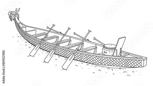 Dragon boat outline drawing with oars and drum on a sandy shoreline