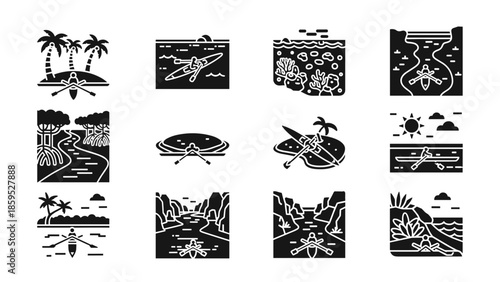 Kayaking adventure icons: outdoor activities in nature's scenery