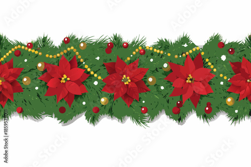 Festive christmas garland with poinsettias berries and golden bead decorations