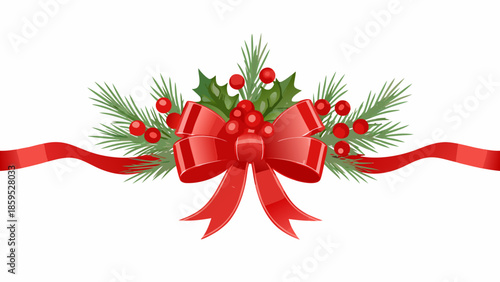 Festive red bow with holly and pine branches a classic holiday decoration