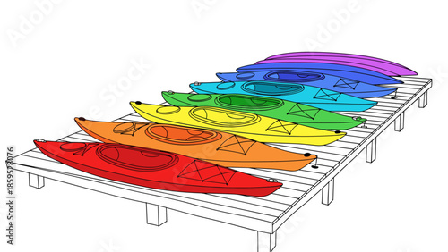 Colorful kayaks on dock: rainbow array in simple linear style