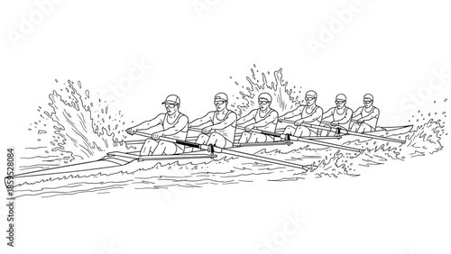 Team rowing in motion: detailed line art of rowers in action on water