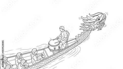 Dragon boat race sketched scene with rowers and drummer in motion