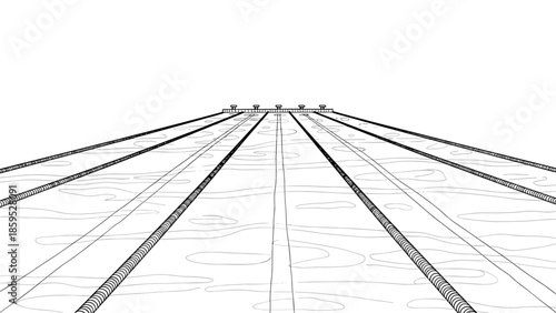 Abstract linear perspective of swimming pool lanes in minimalist black and white design