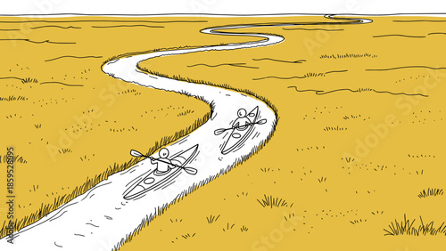Adventurous kayaking journey through serene river in hand-drawn landscape art