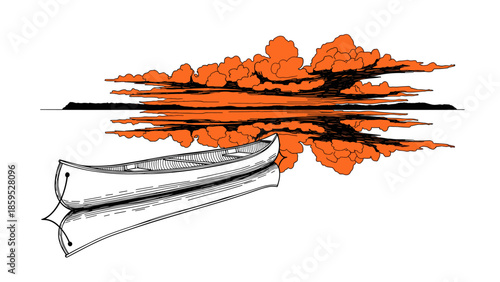 Canoe silhouette on tranquil lake with dramatic orange clouds in linear style