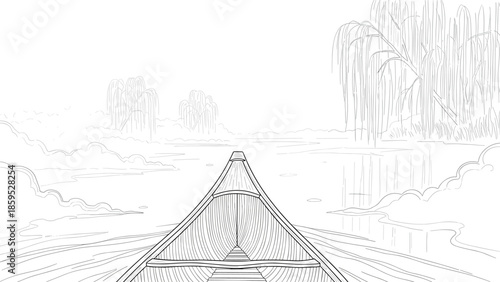 Boat on tranquil river scene with willow trees in black and white line art