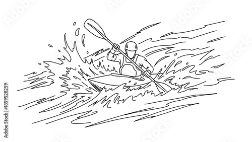 Energetic kayaking adventure in a dynamic line art water scene