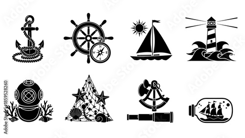 Nautical icons set: anchors, sailboats, lighthouses, helm and more in black silhouette style