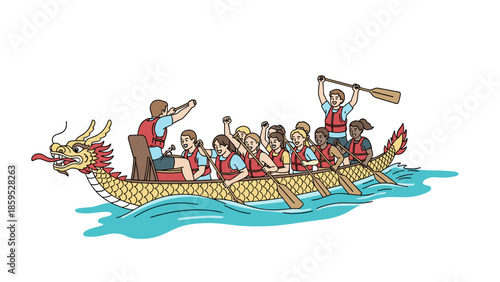 Dragon boat race team rowing in harmony with excited participants paddling together