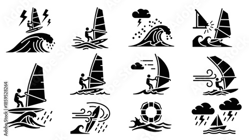 Dynamic windsurfing icons in bold monochrome style with nautical elements