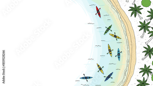 Colorful kayaks on tropical beach with palm trees in hand drawn style