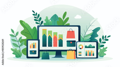 Flat illustration of sustainable e commerce growth concept with devices and green leaves showing eco friendly online shopping and sales