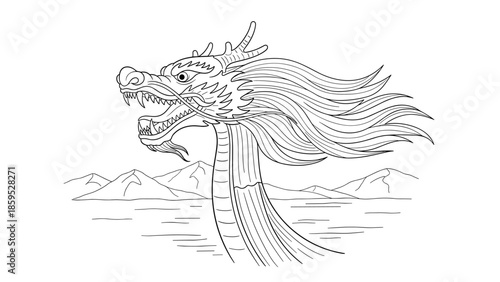 Mythical dragon head with flowing mane in linear style against mountain background