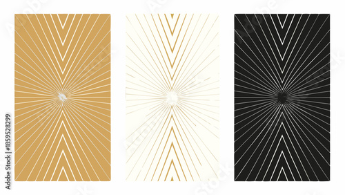 Three abstract geometric panels with radiating lines in gold cream and black