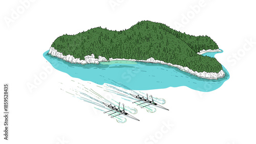 Detailed isometric island with canoe teams racing in clear blue waters