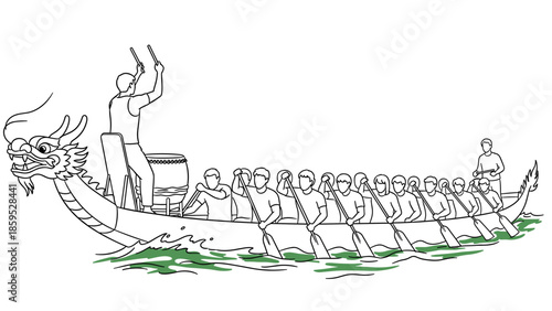 Dragon boat race outline with rowers: teamwork and tradition in motion