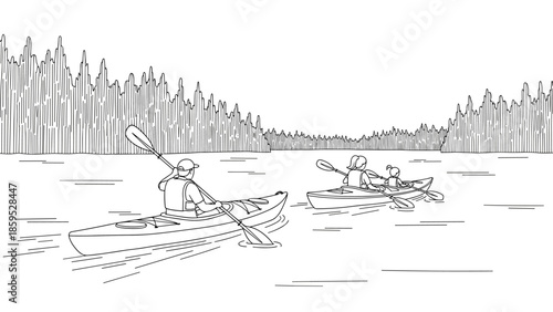 Peaceful canoeing adventure among calm river and forest scenery