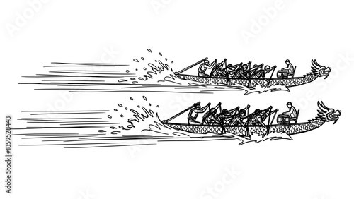 Dynamic dragon boat racing sketch with paddlers speeding on water