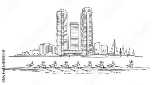 Linear cityscape with rowers and high-rises by the waterfront