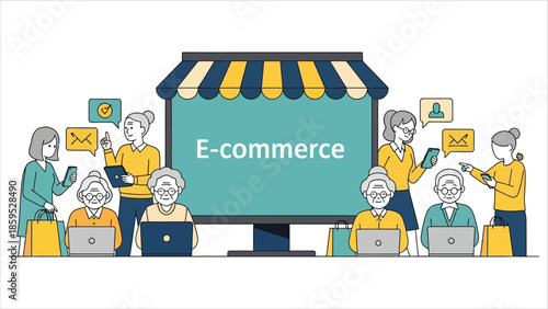 Seniors Learning and Using E-commerce Website Illustration
