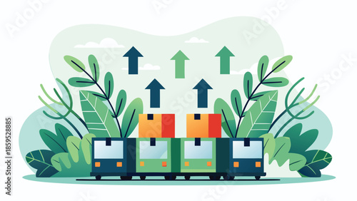 Sustainable supply chain concept with eco friendly transportation and logistics, green leaves and upward arrows, representing growth