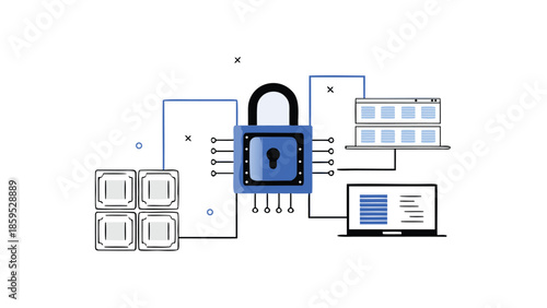 Flat illustration of a technology protection concept with a padlock and computer systems