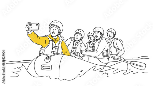Group adventure captured: friends rafting and taking selfies on whitewater rapids in line art